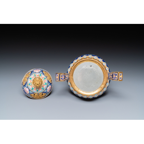 88 - A Chinese 'imperial tribute' blue-ground Canton enamel incense burner and cover, Qianlong mark and o... 