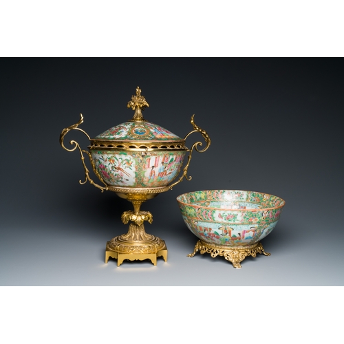 9 - A Chinese Canton famille rose bowl and cover with fine gilt mounts and a bowl mounted on a gilt foot... 