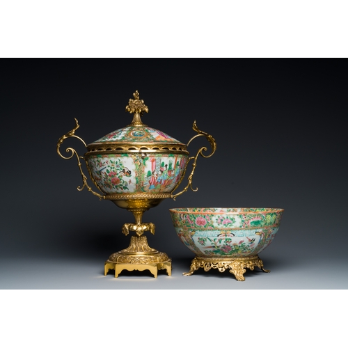 9 - A Chinese Canton famille rose bowl and cover with fine gilt mounts and a bowl mounted on a gilt foot... 