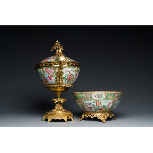 9 - A Chinese Canton famille rose bowl and cover with fine gilt mounts and a bowl mounted on a gilt foot... 