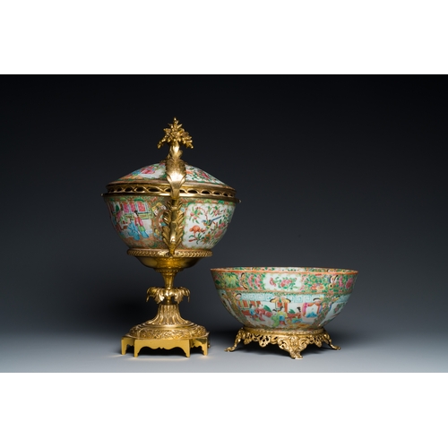 9 - A Chinese Canton famille rose bowl and cover with fine gilt mounts and a bowl mounted on a gilt foot... 