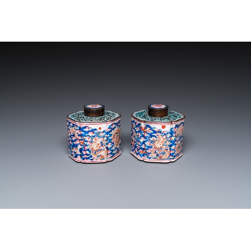 93 - A pair of Chinese Canton enamel tea caddies and covers with dragons among clouds, QianlongDescriptio... 