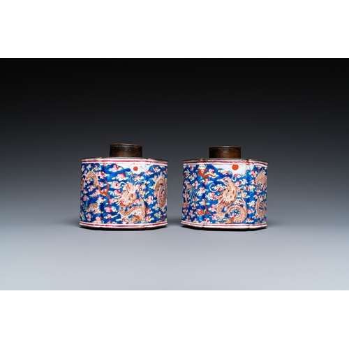 93 - A pair of Chinese Canton enamel tea caddies and covers with dragons among clouds, QianlongDescriptio... 