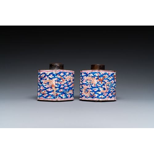 93 - A pair of Chinese Canton enamel tea caddies and covers with dragons among clouds, QianlongDescriptio... 