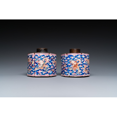 93 - A pair of Chinese Canton enamel tea caddies and covers with dragons among clouds, QianlongDescriptio... 