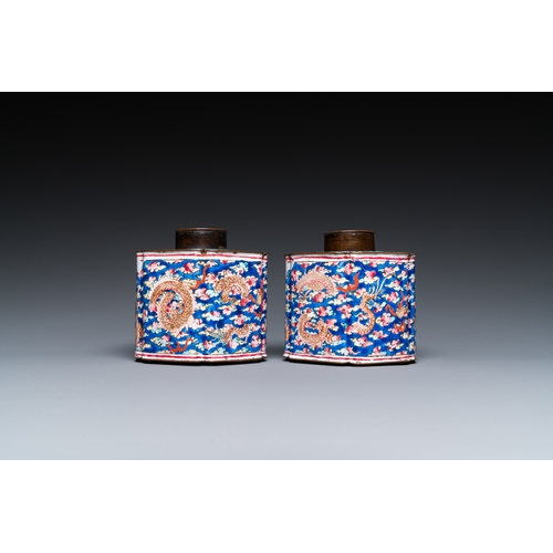 93 - A pair of Chinese Canton enamel tea caddies and covers with dragons among clouds, QianlongDescriptio... 