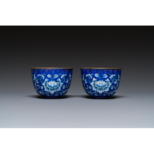 94 - A pair of Chinese Canton enamel trembleuse cups on stands with double 'Shou' design, QianlongDescrip... 