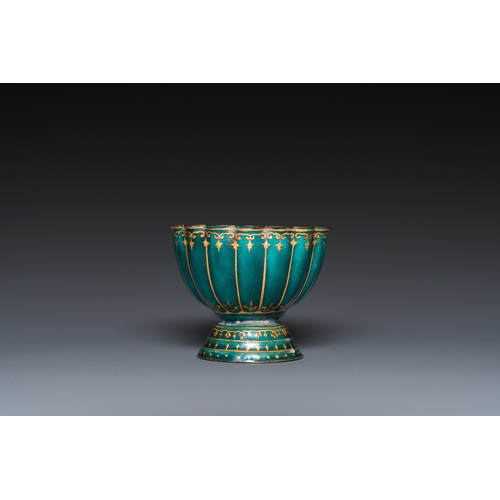 95 - An unusual Chinese gilt-decorated green-ground Canton enamel flower-shaped stem bowl, ex-coll. Harry... 