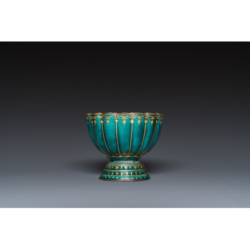 95 - An unusual Chinese gilt-decorated green-ground Canton enamel flower-shaped stem bowl, ex-coll. Harry... 