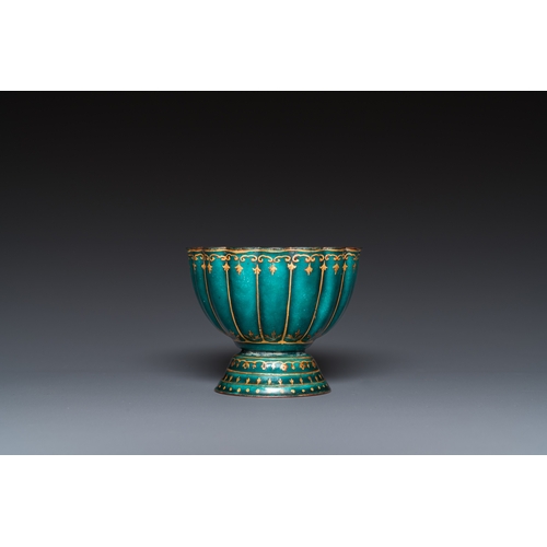 95 - An unusual Chinese gilt-decorated green-ground Canton enamel flower-shaped stem bowl, ex-coll. Harry... 