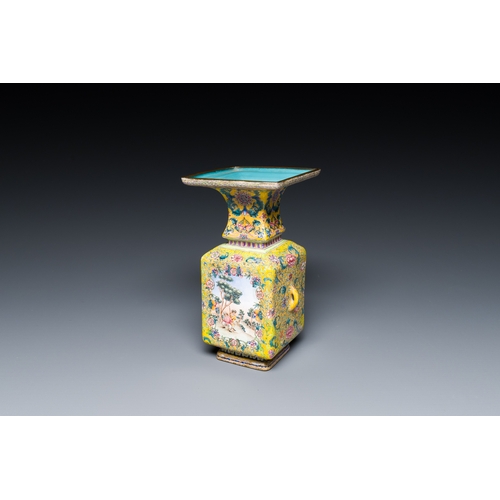 98 - A Chinese yellow-ground Canton enamel 'European subject' vase, Qianlong mark and of the periodDescri... 