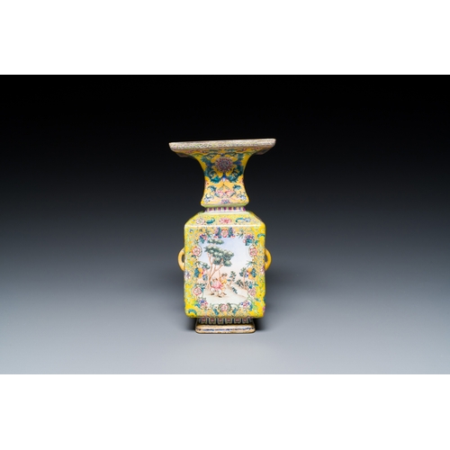 98 - A Chinese yellow-ground Canton enamel 'European subject' vase, Qianlong mark and of the periodDescri... 