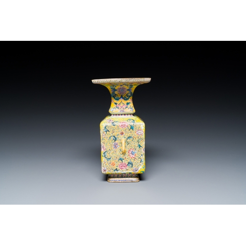 98 - A Chinese yellow-ground Canton enamel 'European subject' vase, Qianlong mark and of the periodDescri... 