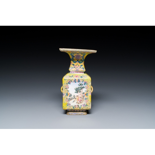 98 - A Chinese yellow-ground Canton enamel 'European subject' vase, Qianlong mark and of the periodDescri... 