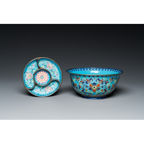 99 - A Chinese Canton enamel 'lotus' spice dish and a floral bowl, Qianlong/JiaqingDescription:Dia.: 16 c... 