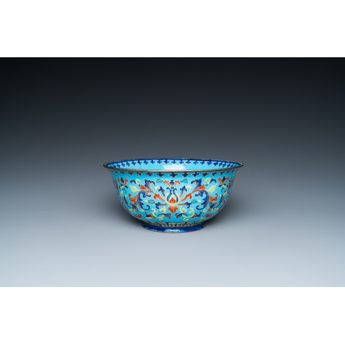 99 - A Chinese Canton enamel 'lotus' spice dish and a floral bowl, Qianlong/JiaqingDescription:Dia.: 16 c... 