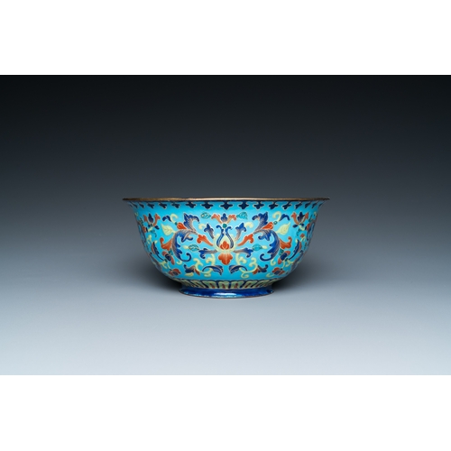 99 - A Chinese Canton enamel 'lotus' spice dish and a floral bowl, Qianlong/JiaqingDescription:Dia.: 16 c... 