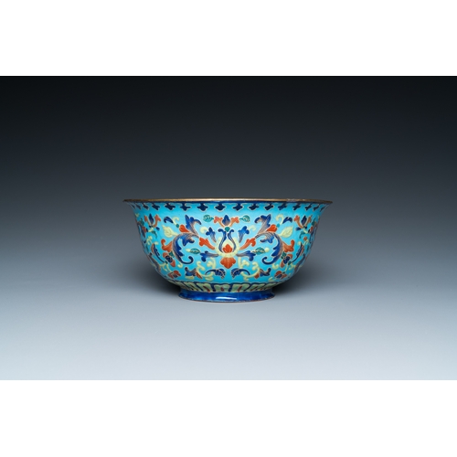 99 - A Chinese Canton enamel 'lotus' spice dish and a floral bowl, Qianlong/JiaqingDescription:Dia.: 16 c... 