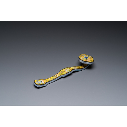 101 - A Chinese Beijing enamel yellow-ground 'bajixiang' ruyi sceptre, Qianlong mark, 19/20th CDescription... 