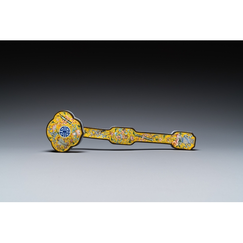 101 - A Chinese Beijing enamel yellow-ground 'bajixiang' ruyi sceptre, Qianlong mark, 19/20th CDescription... 