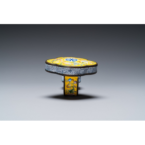 101 - A Chinese Beijing enamel yellow-ground 'bajixiang' ruyi sceptre, Qianlong mark, 19/20th CDescription... 