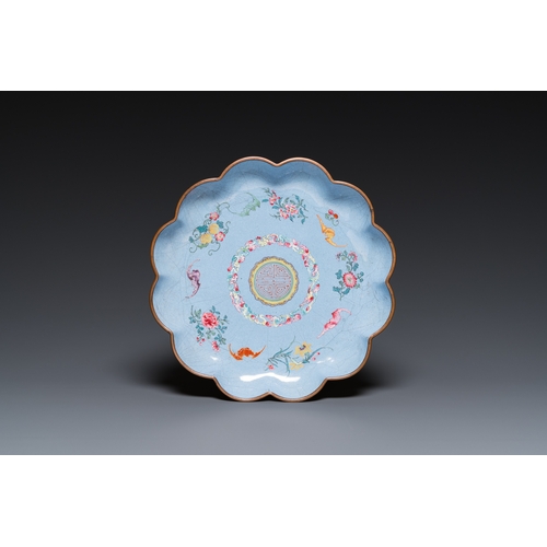 105 - A Chinese lavender blue-ground Beijing or Canton enamel 'Shou' dish, Wan Yan Tang Zhi è¬å»¶å è£½ m... 