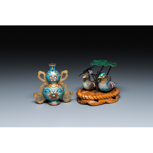 112 - A Chinese cloisonne double gourd vase and an enamel and silver 'mandarin ducks' group on stand, 19/2... 