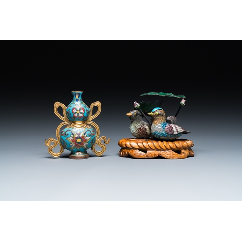 112 - A Chinese cloisonne double gourd vase and an enamel and silver 'mandarin ducks' group on stand, 19/2... 