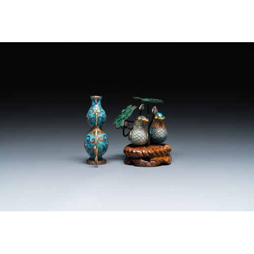 112 - A Chinese cloisonne double gourd vase and an enamel and silver 'mandarin ducks' group on stand, 19/2... 