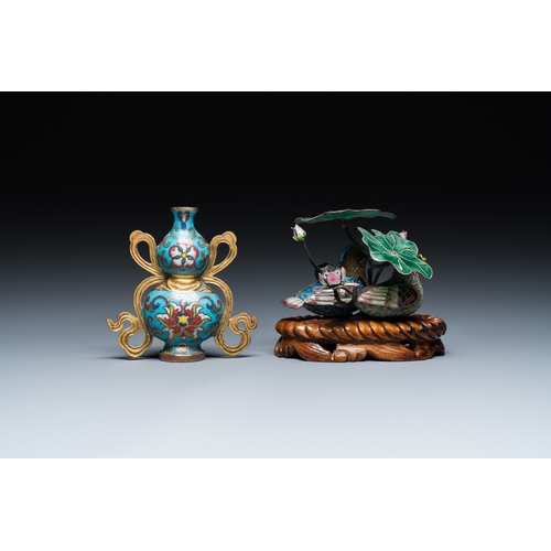 112 - A Chinese cloisonne double gourd vase and an enamel and silver 'mandarin ducks' group on stand, 19/2... 