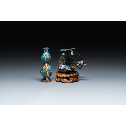 112 - A Chinese cloisonne double gourd vase and an enamel and silver 'mandarin ducks' group on stand, 19/2... 