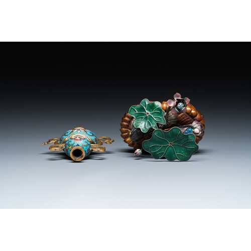 112 - A Chinese cloisonne double gourd vase and an enamel and silver 'mandarin ducks' group on stand, 19/2... 