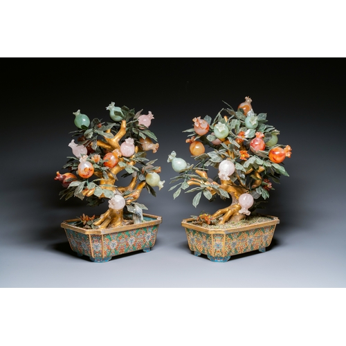 114 - A pair of Chinese precious stone and lacquer trees in cloisonne jardinieres, 19/20th C.Description:H... 