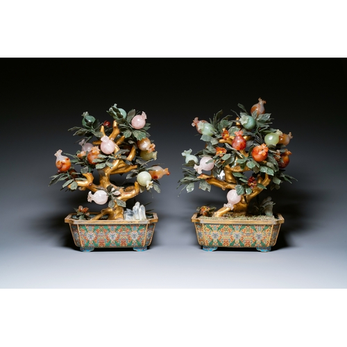 114 - A pair of Chinese precious stone and lacquer trees in cloisonne jardinieres, 19/20th C.Description:H... 