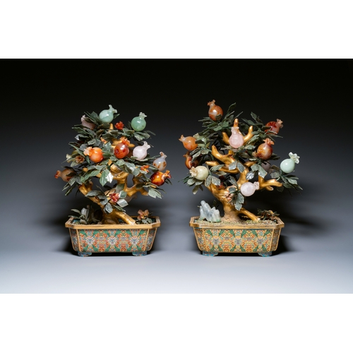 114 - A pair of Chinese precious stone and lacquer trees in cloisonne jardinieres, 19/20th C.Description:H... 