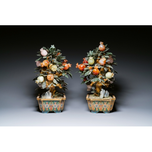 114 - A pair of Chinese precious stone and lacquer trees in cloisonne jardinieres, 19/20th C.Description:H... 