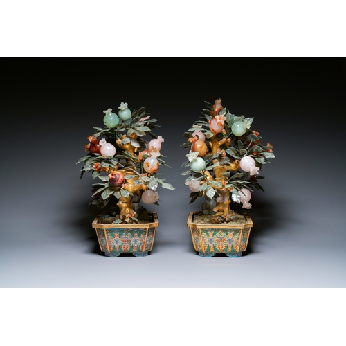 114 - A pair of Chinese precious stone and lacquer trees in cloisonne jardinieres, 19/20th C.Description:H... 