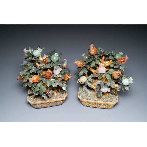 114 - A pair of Chinese precious stone and lacquer trees in cloisonne jardinieres, 19/20th C.Description:H... 