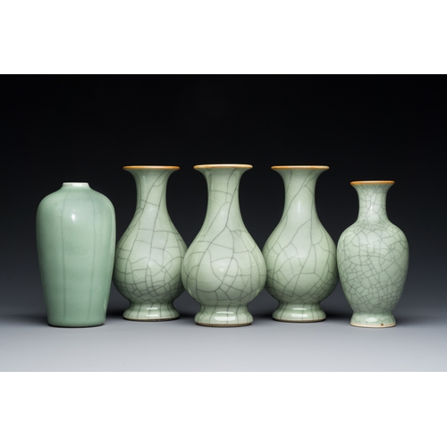 136 - Five Chinese celadon-glazed vases, QingDescription:H: 18 cm (the tallest vase) Provenance:An old Dut... 