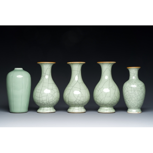 136 - Five Chinese celadon-glazed vases, QingDescription:H: 18 cm (the tallest vase) Provenance:An old Dut... 