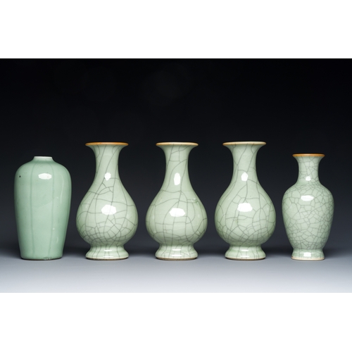 136 - Five Chinese celadon-glazed vases, QingDescription:H: 18 cm (the tallest vase) Provenance:An old Dut... 