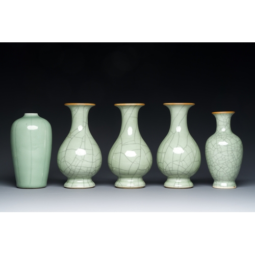 136 - Five Chinese celadon-glazed vases, QingDescription:H: 18 cm (the tallest vase) Provenance:An old Dut... 