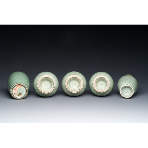 136 - Five Chinese celadon-glazed vases, QingDescription:H: 18 cm (the tallest vase) Provenance:An old Dut... 