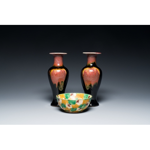 166 - A pair of Chinese flambe-glazed vases and a sancai-glazed bowl, Kangxi and 19th C.Description:H.: 28... 