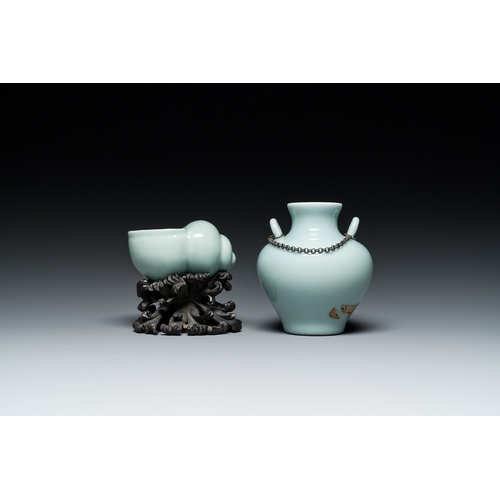 167 - A Chinese celadon-glazed water pot on wooden stand and a small 'hu' vase, 19/20th C.Description:H.: ... 