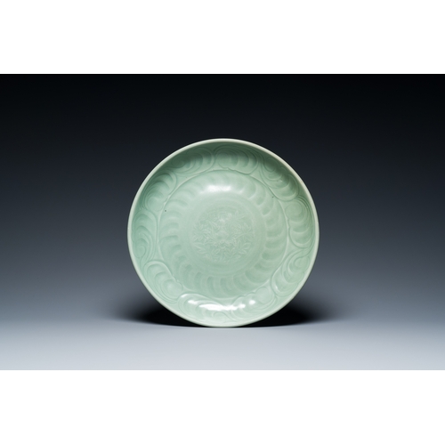 178 - A Chinese Longquan celadon dish with underglaze floral design, MingDescription:Dia.: 34 cm - H.: 6 c... 