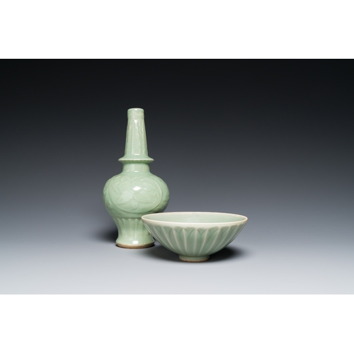 191 - A Chinese Longquan celadon vase and a 'lotus' bowl, Yuan or laterDescription:H.: 27 cm (the vase)Con... 