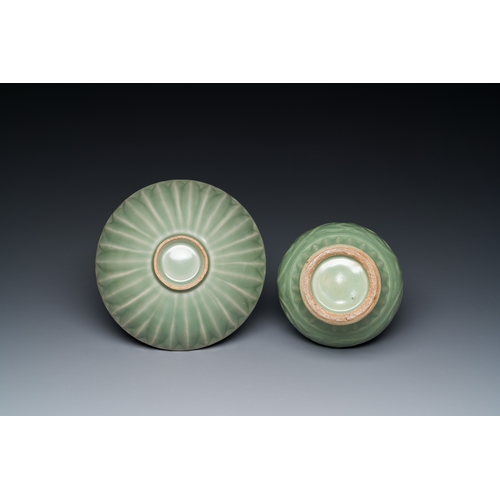 191 - A Chinese Longquan celadon vase and a 'lotus' bowl, Yuan or laterDescription:H.: 27 cm (the vase)Con... 