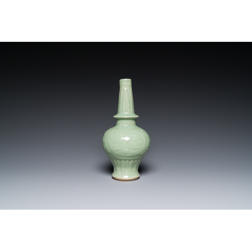 191 - A Chinese Longquan celadon vase and a 'lotus' bowl, Yuan or laterDescription:H.: 27 cm (the vase)Con... 