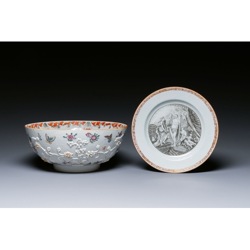 207 - A Chinese 'mythological subject' grisaille plate and a relief-decorated famille rose 'insects' bowl,... 